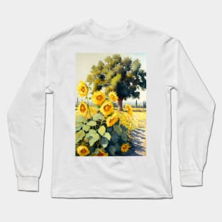 Watercolor Field of Sunflowers on a Sunny Day Long Sleeve T-Shirt